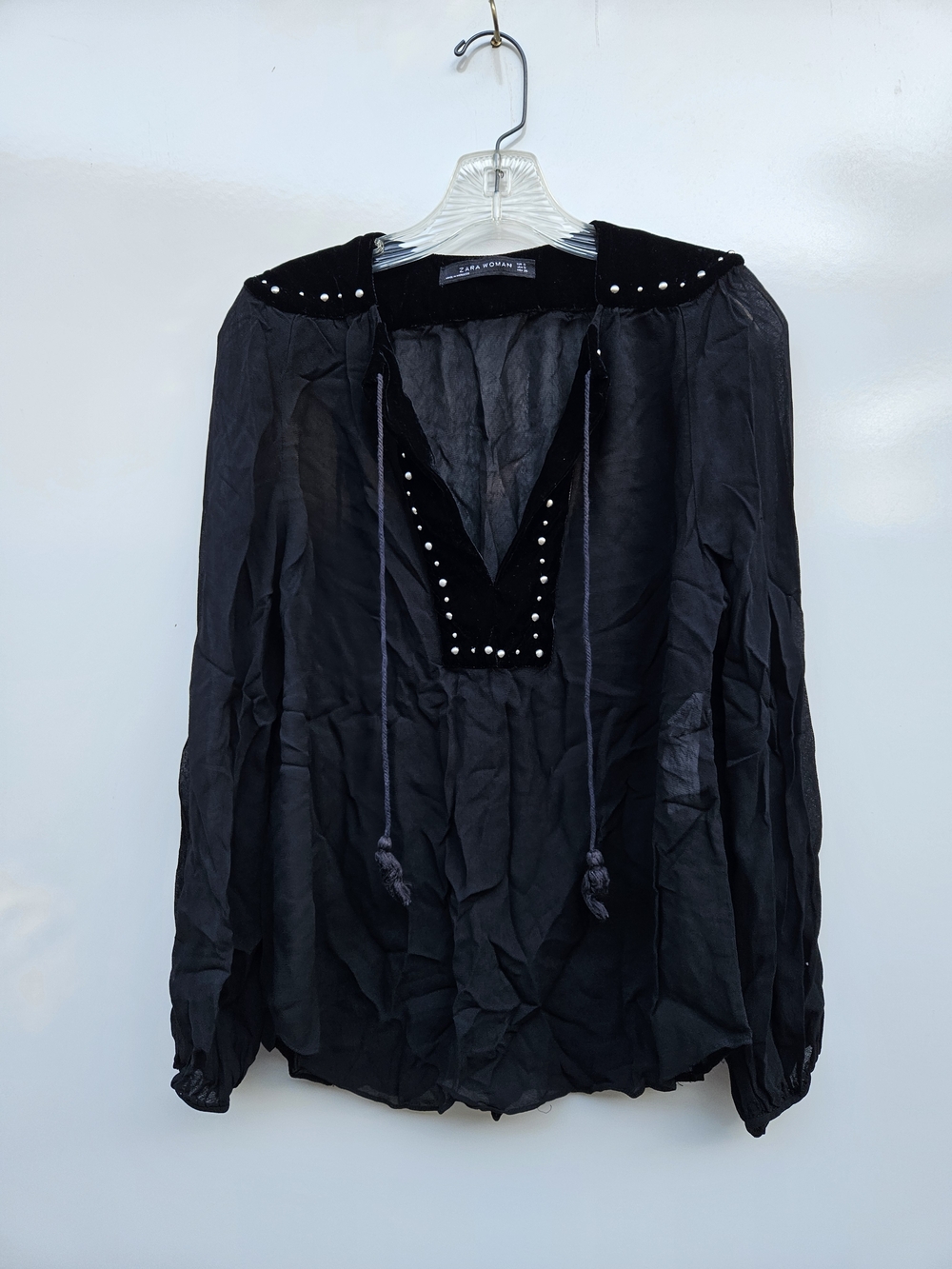 Zara Black Peasant Blouse W Stud Detail Sz S